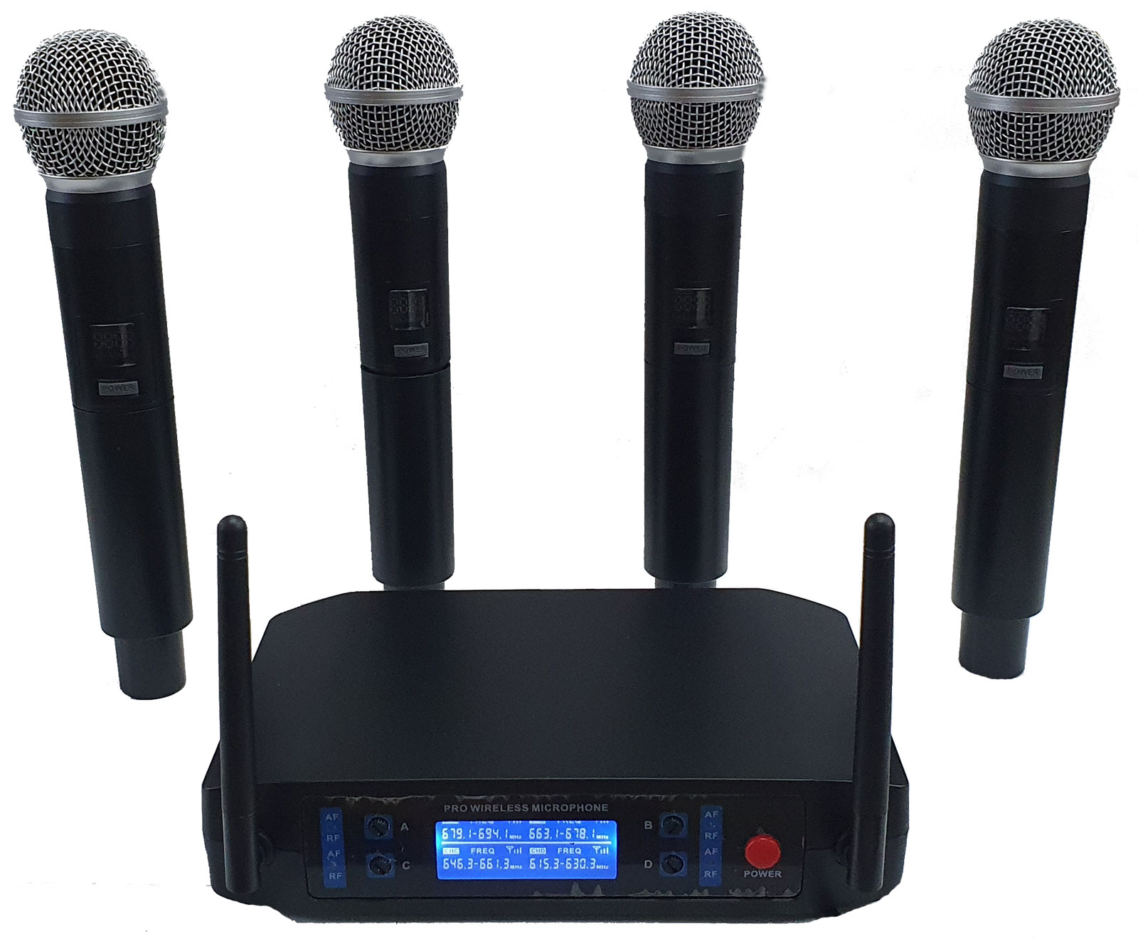 Sistema de micrófono inalámbrico UHF, juego de micrófono inalámbrico de 4  canales con 4 micrófonos de mano de metal, frecuencia fija, largo alcance