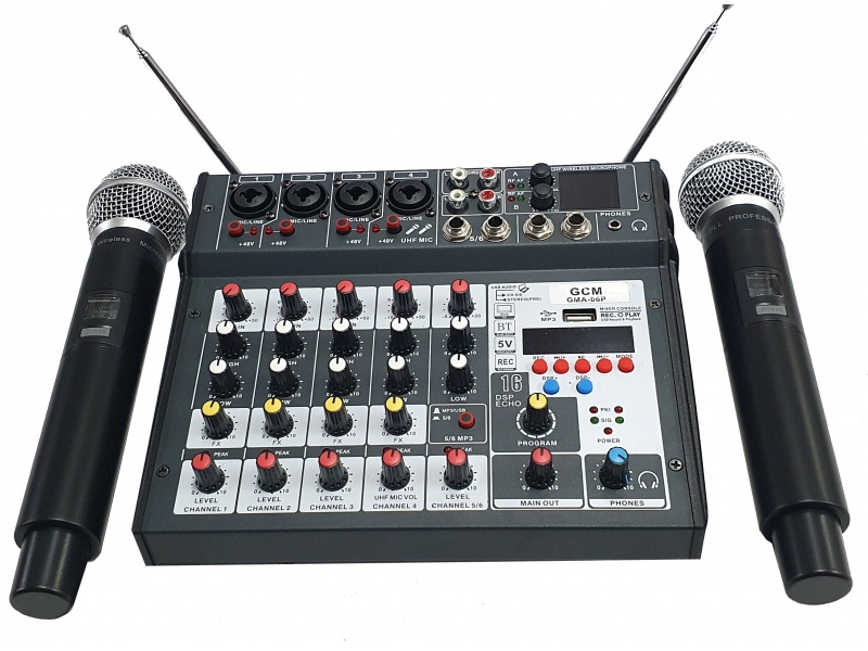 CONSOLA MIXER AUDIO 6 CANALES CON 2 MICROS INALAMBRICOS REC BT USB GMA-06P